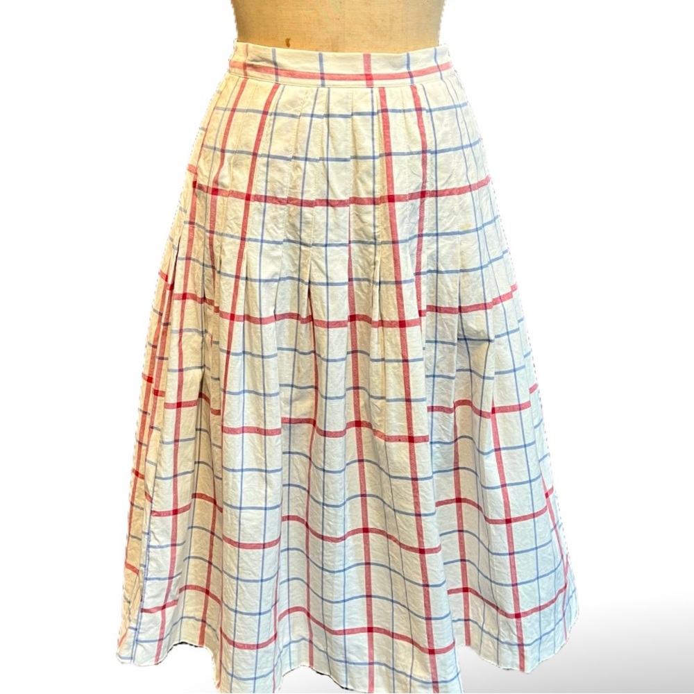 VINTAGE 80s pleated plaid windowpane checkered midi skirt full a-line preppy